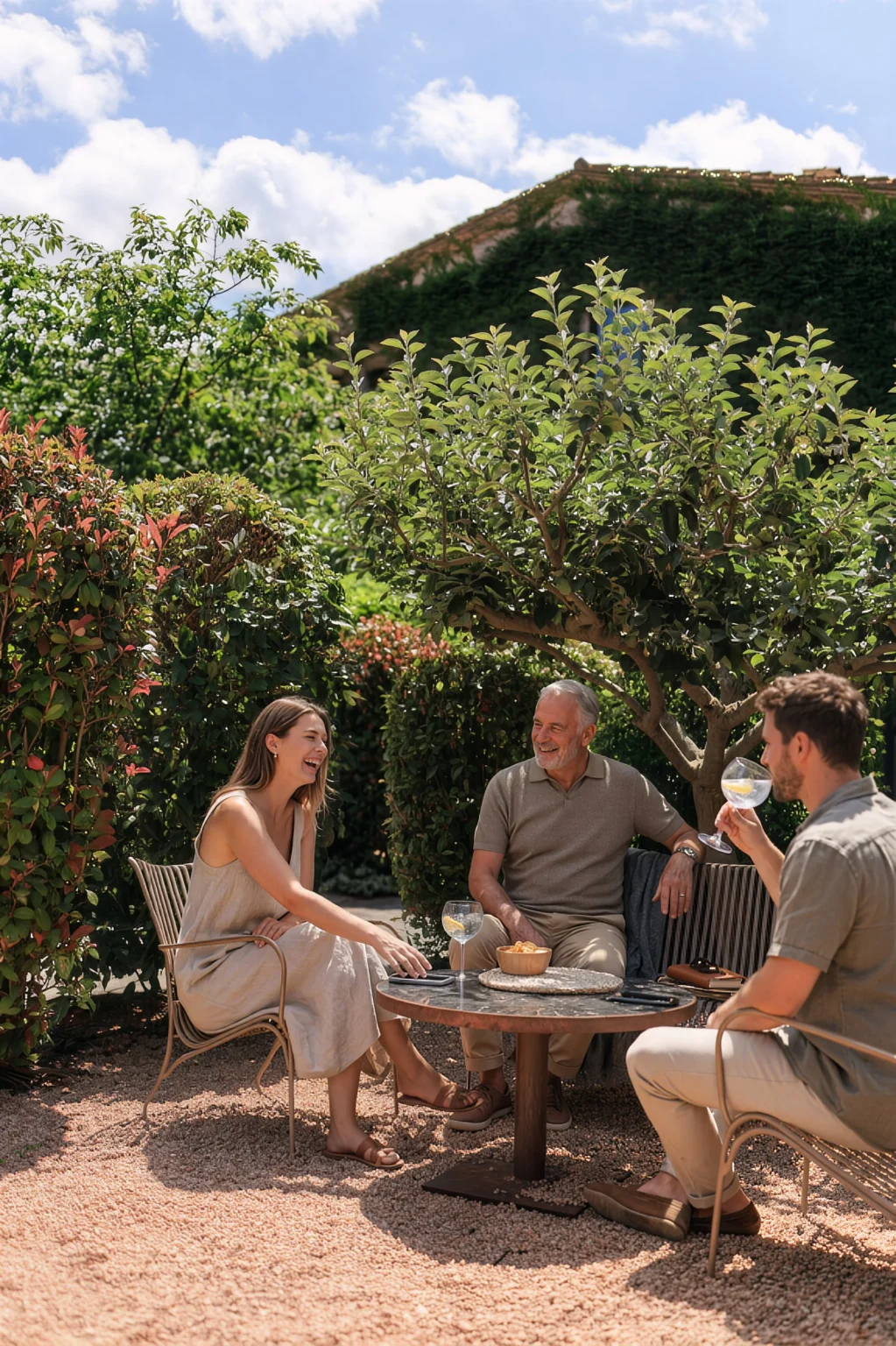 Huéspedes disfrutando de un aperitivo en el jardín de un hotel rural con encanto.